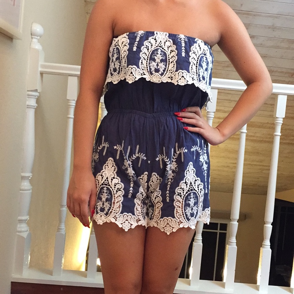 Crochet Lace Trim Blue Chambray Tube Top Romper